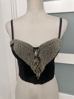 Vintage Lydia USA Black Beaded Corset Bustier Top SZ Small Fairy Grunge Festival